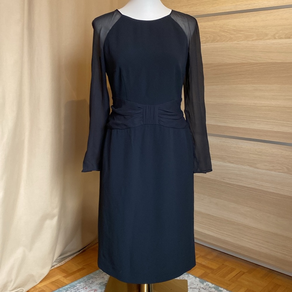 Giorgio Armani Black Silk Sheath Dress Sz 4 It 8 Sheer Sleeves Made in Italy